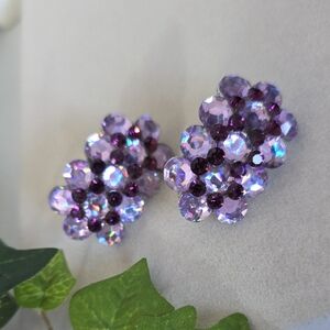 Silver Clip On Earrings Layered Design with Light and Dark Purple Stones
